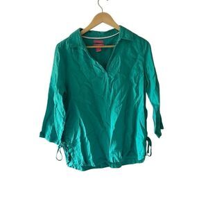 Isaac Mizrahi Blue Linen Tunic 3/4 length sleeves aqua lightweight beach